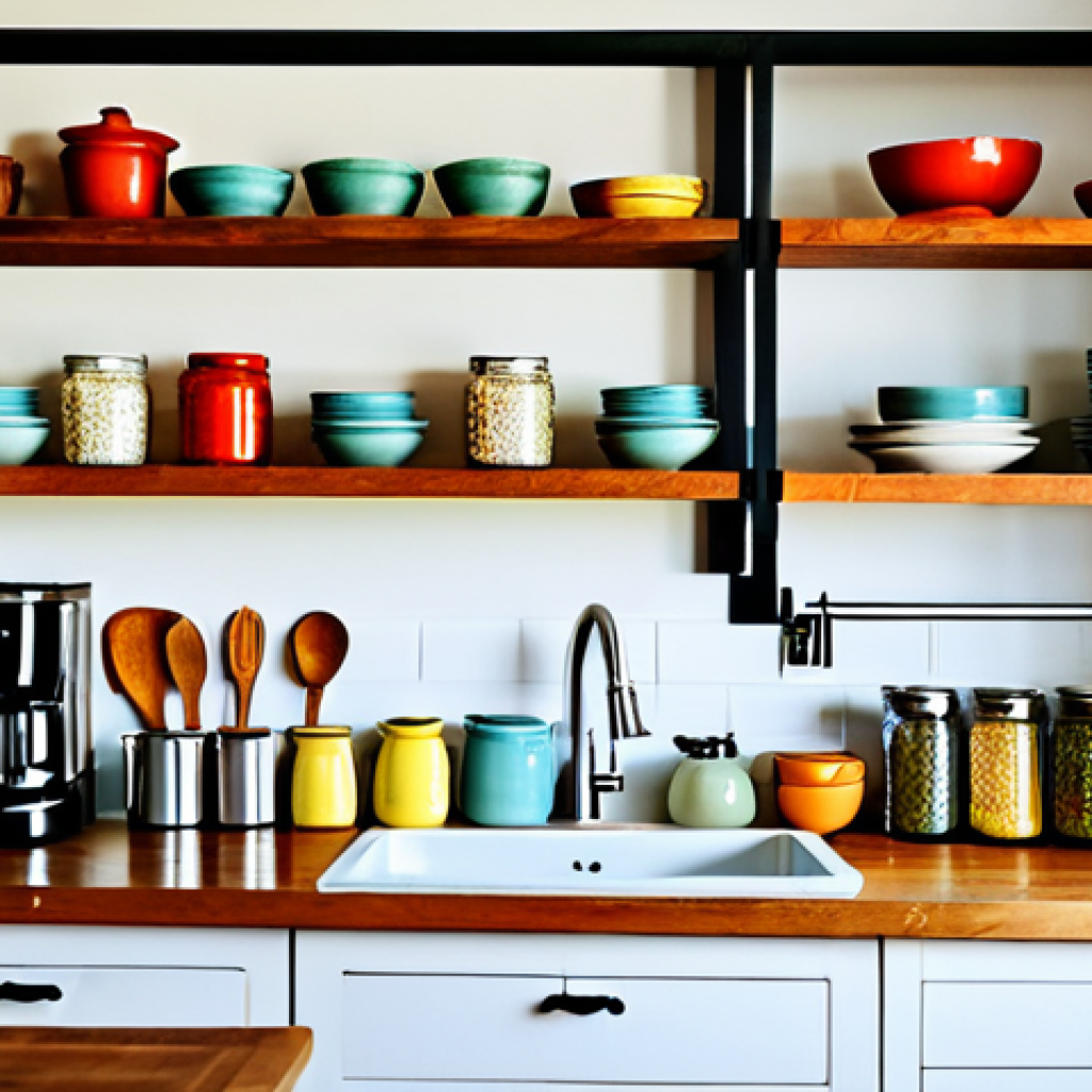 Cozy & Organized Kitchen**

"A bright, well-organized small kitchen with open shelving displaying colorful ceramic dishes and spice jars. A hanging bar holds utensils. Natural light floods the space. safe for work, appropriate content, fully clothed, professional photography, perfect anatomy, natural proportions, high quality, family-friendly, modest decor."

**