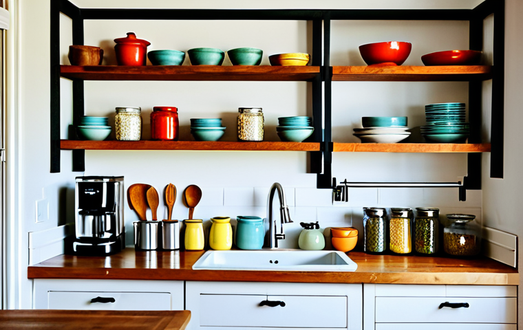 Cozy & Organized Kitchen**

"A bright, well-organized small kitchen with open shelving displaying colorful ceramic dishes and spice jars. A hanging bar holds utensils. Natural light floods the space. safe for work, appropriate content, fully clothed, professional photography, perfect anatomy, natural proportions, high quality, family-friendly, modest decor."

**