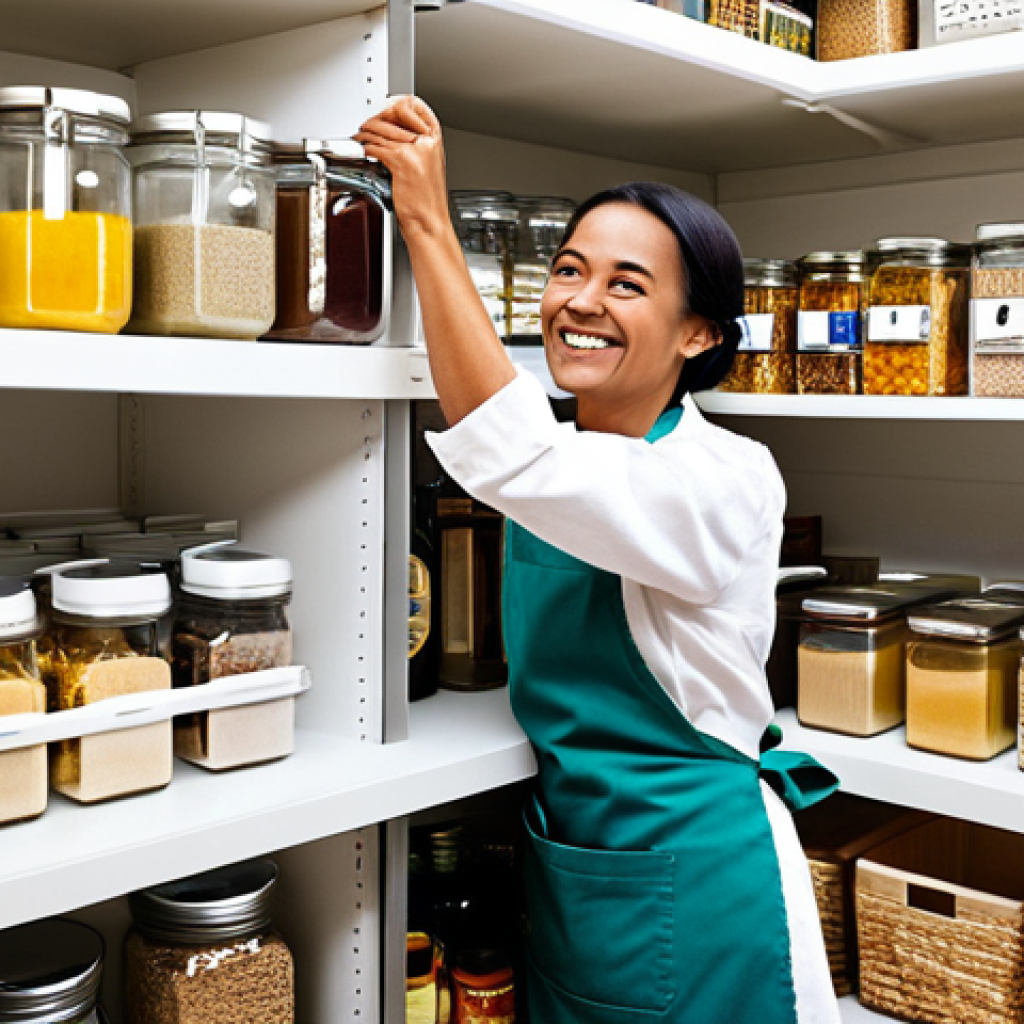 Organized Kitchen Pantry**

"A brightly lit, well-organized kitchen pantry with shelves stocked with neatly arranged food items in glass jars and containers. Labels are clearly visible. A smiling, fully clothed woman in a modest apron is reaching for an ingredient. Clean, modern design. safe for work, appropriate content, fully clothed, professional photography, perfect anatomy, natural proportions, family-friendly."

**