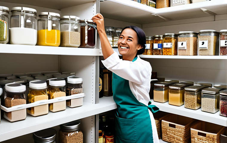 Organized Kitchen Pantry**

"A brightly lit, well-organized kitchen pantry with shelves stocked with neatly arranged food items in glass jars and containers. Labels are clearly visible. A smiling, fully clothed woman in a modest apron is reaching for an ingredient. Clean, modern design. safe for work, appropriate content, fully clothed, professional photography, perfect anatomy, natural proportions, family-friendly."

**