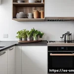 공간 효율성을 고려한 가전제품 배치 - A modern small kitchen interior designed for efficiency and space maximization, featuring compact an...