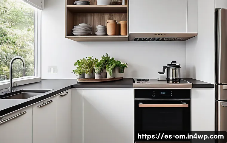공간 효율성을 고려한 가전제품 배치 - A modern small kitchen interior designed for efficiency and space maximization, featuring compact an...