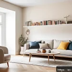 작은 공간에서의 효율적인 인테리어 - A modern small living room featuring sleek white floating shelves mounted on light beige walls, disp...