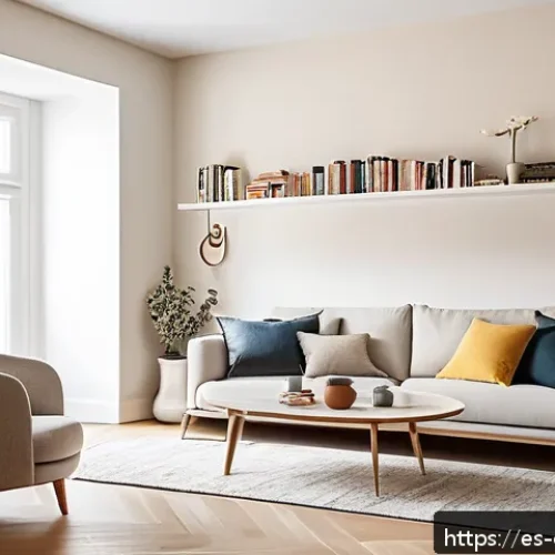 작은 공간에서의 효율적인 인테리어 - A modern small living room featuring sleek white floating shelves mounted on light beige walls, disp...