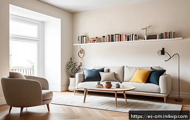 작은 공간에서의 효율적인 인테리어 - A modern small living room featuring sleek white floating shelves mounted on light beige walls, disp...
