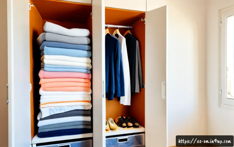 Home 17 효율적인 정리를 위한 수납 박스 추천 - Photorealistic sunlit apartment closet in a modern Spanish home, neatly organized transparent stacka...
